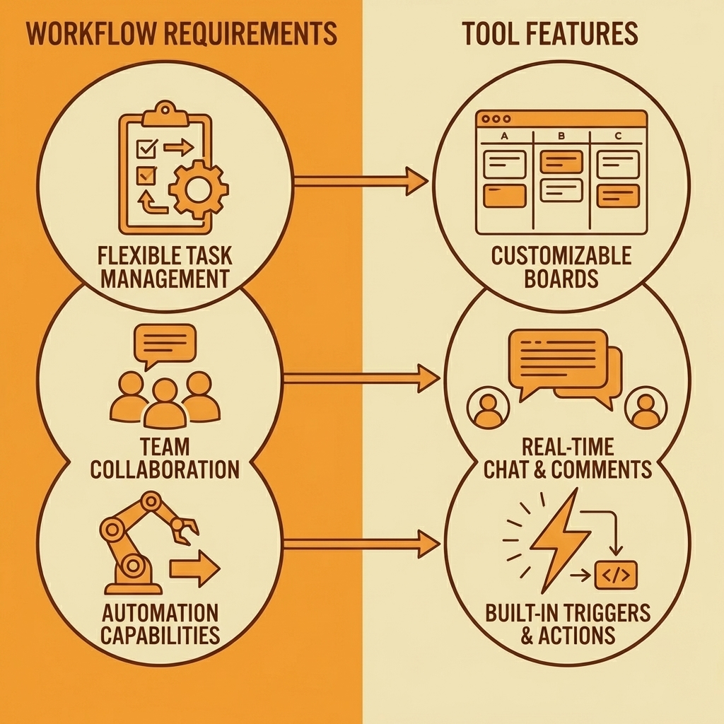 Two-column comparison of workflow requirements versus tool features
